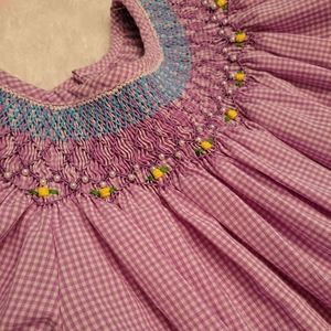 Beautiful purple gingham smocked dress with pearls